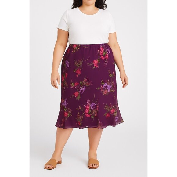 KSL Purple Floral Pull On Lined Midi Skirt Plus Size 20W - Picture 1 of 6